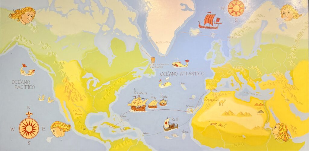 Planisphère centré sur l'océan atlantique avec les caravelles de Christophe Colomb et le bateau de Thor Heyerdahl