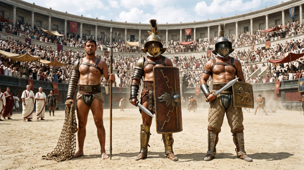 Les différents types de gladiateurs (Rétiaire, Mirmillon, Thrace)